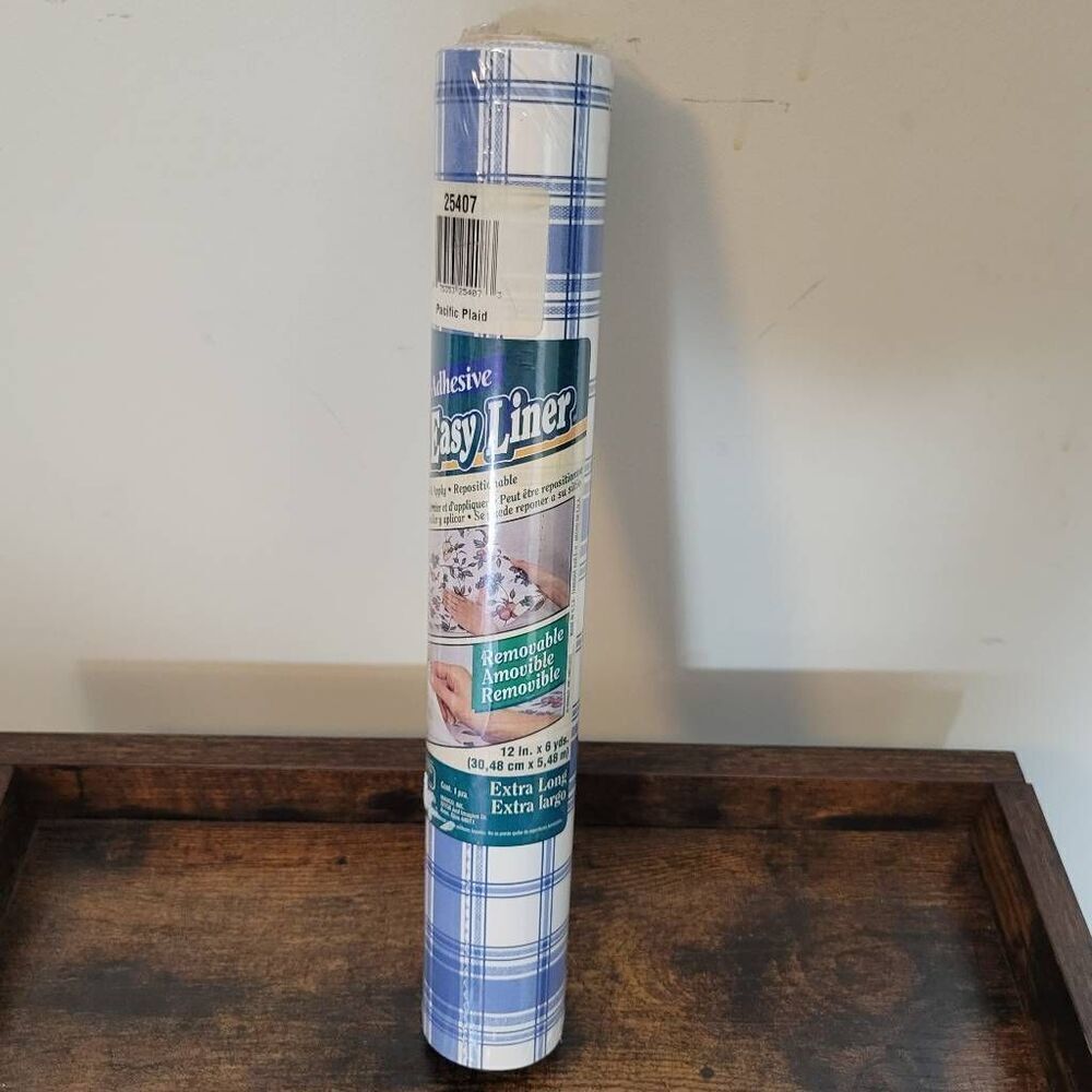 VINTAGE Manco Easy Liner Shelf Contact Paper Self Adhesive Pacific Plaid Blue 12